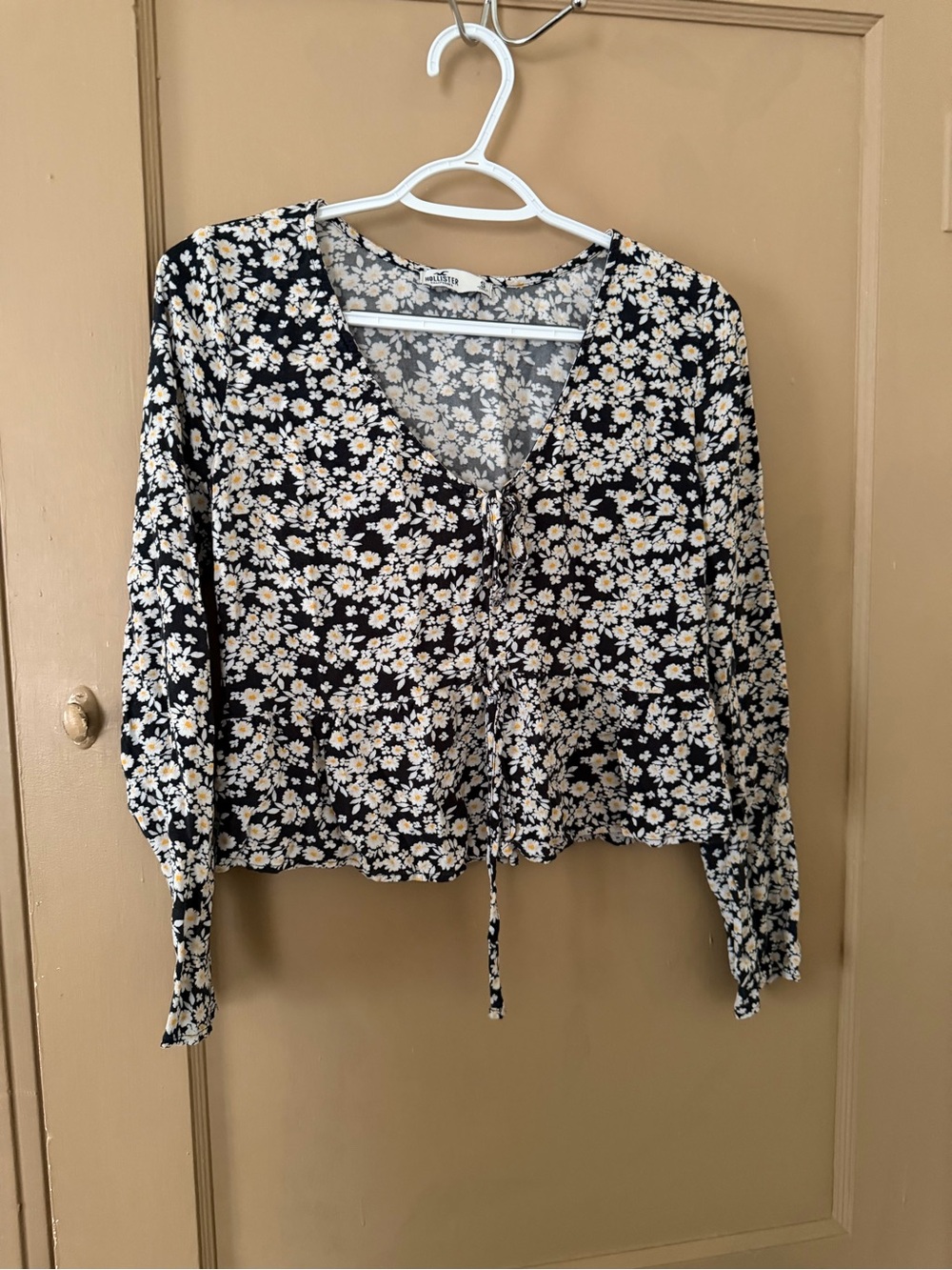 Floral Tie-Front Long-Sleeve Top in Navy and White